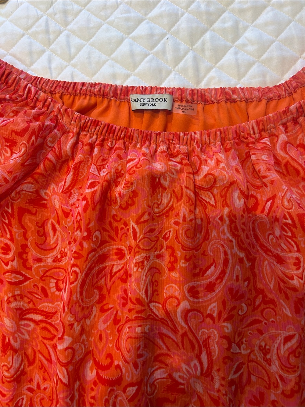 Ramy Brook Orange and Pink Paisley Elastic-Neck Blouse